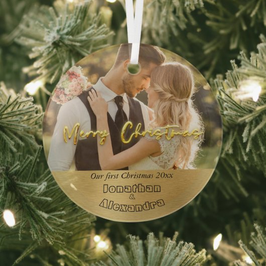 エレガント初めてのクリスマスラグジュアリー金ゴールドモダン写真 ガラスオーナメント (インサイチュ)