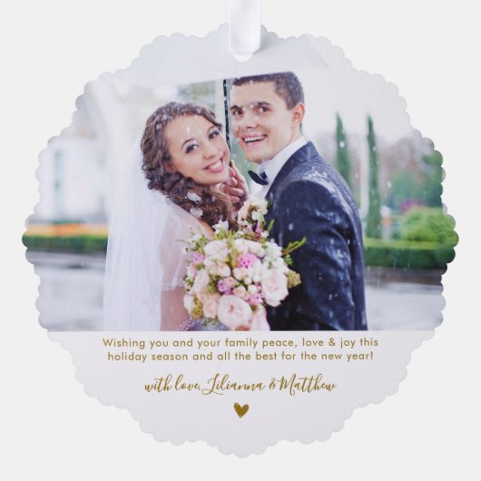 エレガント初めてのクリスマス結婚した2写真クリスマス オーナメントカード (裏面)