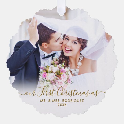 エレガント初めてのクリスマス結婚した2写真クリスマス オーナメントカード (正面)