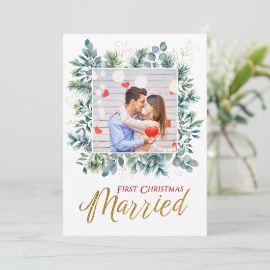 エレガント初めてのクリスマス結婚したNewlyweds 2枚の写真 シーズンカード (スタンド正面)