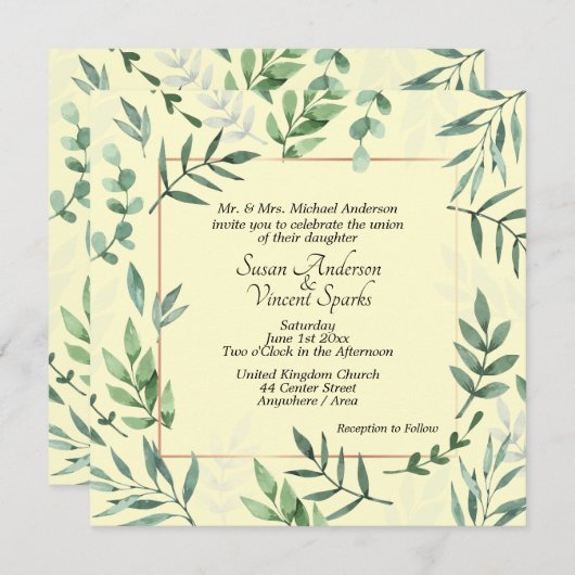 エレガント動植物枠の黄結婚色 招待状 (正面/裏面)