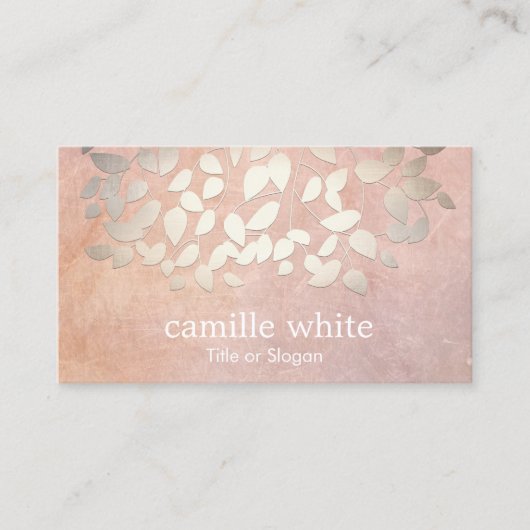 エレガント化粧品フェイクゴールドフォイル葉ピーチ 名刺 (正面)