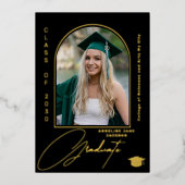 エレガント卒業アーチフォト卒業ブラック金ゴールド 箔招待状 (正面)