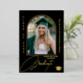 エレガント卒業アーチフォト卒業ブラック金ゴールド 箔招待状 (立ち正面)