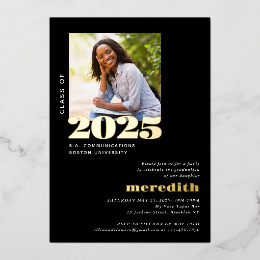 エレガント卒業モダンパーティーの写真金ゴールド 箔招待状 (正面)