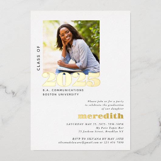 エレガント卒業モダンパーティーの写真金ゴールド 箔招待状 (正面)