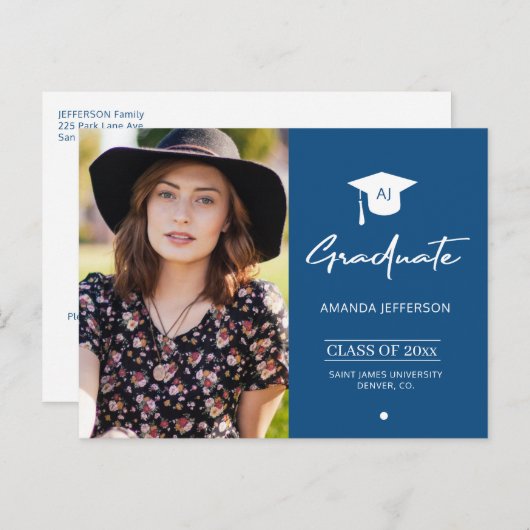 エレガント卒業生の青い写真の卒業式 ポストカード (正面/裏面)