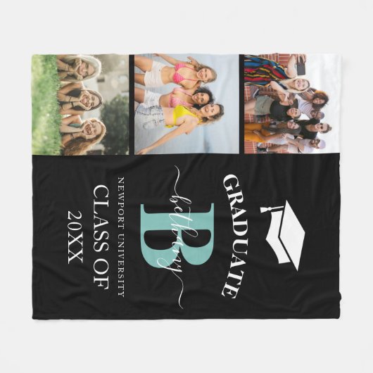 エレガント卒業生モノグラム3写真卒業 フリースブランケット (正面(横))