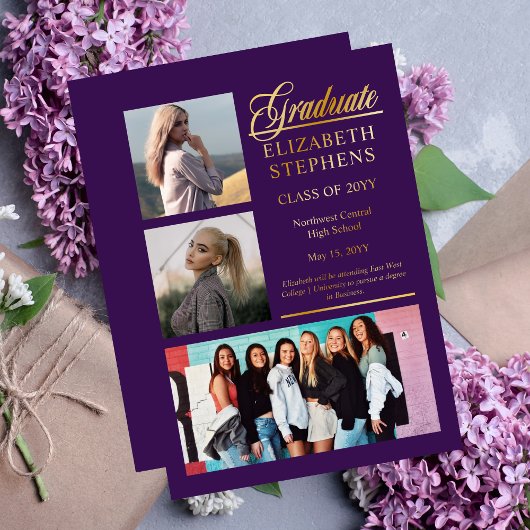 エレガント卒業生紫色の卒業生3写真 箔招待状