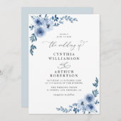 エレガント台本の埃っぽい青いフローラ結婚の 招待状 (正面/裏面)