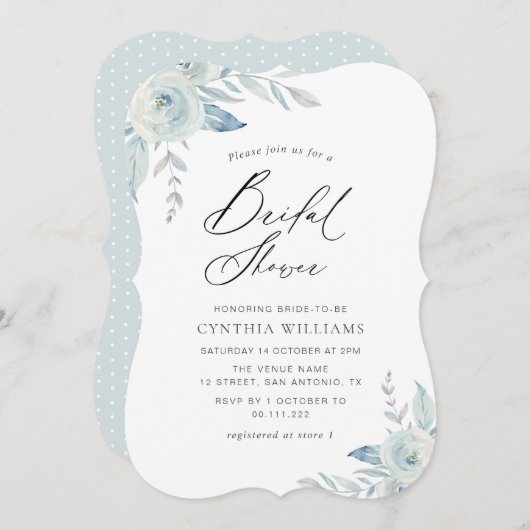 エレガント台本ほこりっぽい青フローラブライダルシャワー 招待状 (正面/裏面)