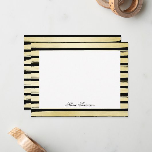 エレガント名前をカスタムするブラック金ゴールドホイル絵を描 ストライプの ノートカード (正面/裏面インサイチュ)