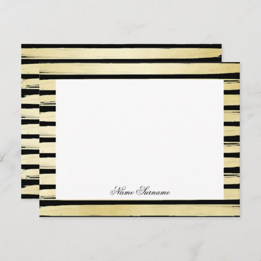 エレガント名前をカスタムするブラック金ゴールドホイル絵を描 ストライプの ノートカード (正面/裏面)