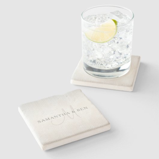 エレガント名字モノグラムと薄いグレーストライプの文字 ストーンコースター (横)