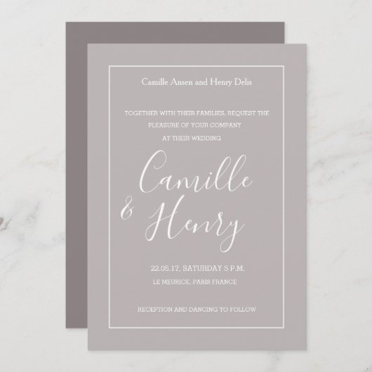 エレガント型薄紫灰色モダン白結婚枠 招待状 (正面/裏面)