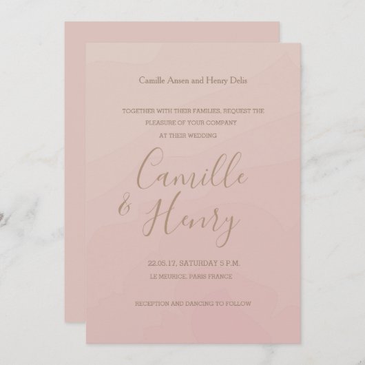 エレガント型赤面サンゴ青銅結婚水色 招待状 (正面/裏面)