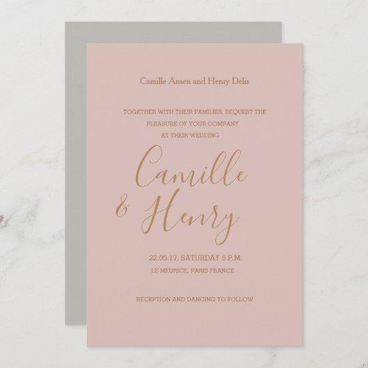 エレガント型赤面ピンク灰色金ゴールドモダン結婚s 招待状 (正面/裏面)
