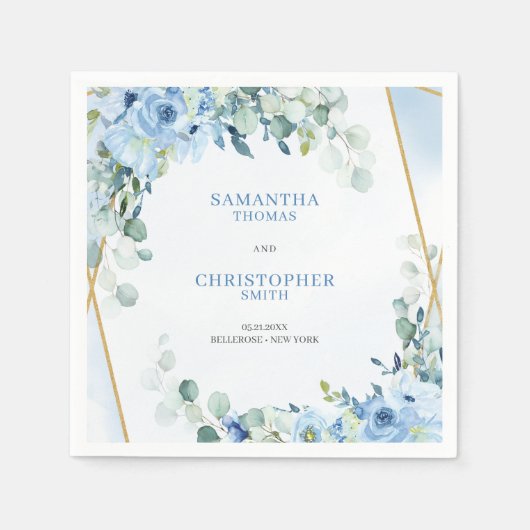 エレガント埃の多い青い水色フローラ金ゴールド枠 スタンダードカクテルナプキン (正面)
