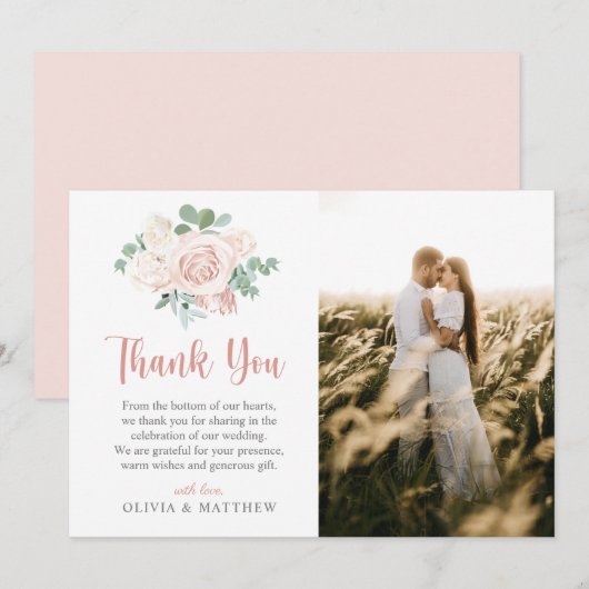 エレガント埃バラフローラユーカリ結婚の写真 サンキューカード (正面/裏面)