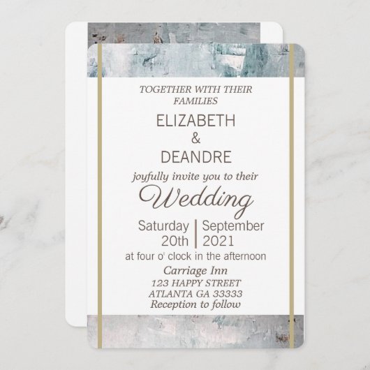 エレガント塵の青い灰色の金ゴールドモダン結婚の 招待状 (正面/裏面)