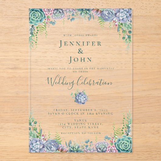 エレガント多肉質の水の色の緑結婚の アクリル招待状 (正面)