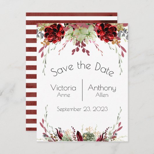 エレガント多肉食のブルグンディ結婚マルサラ セーブザデート (正面/裏面)