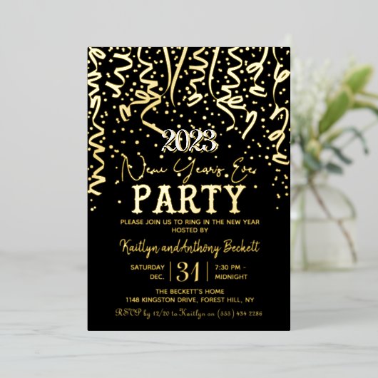 エレガント大晦日パーティーお祝い実在 箔招待状 (立ち正面)