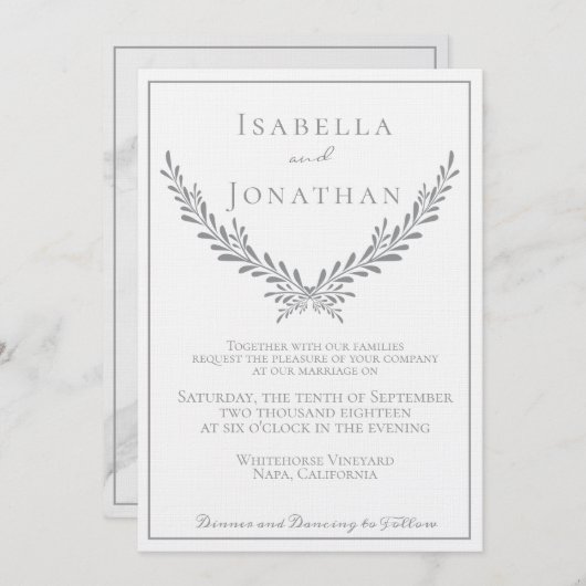 エレガント大理石とリース結婚式招待状 招待状 (正面/裏面)