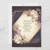 エレガント大理石の上に白と紫の結婚花 招待状 (正面)
