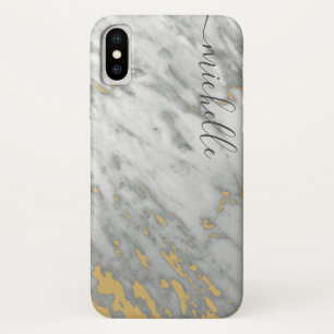 エレガント大理石グレーと金ゴールドモノグラム名 iPhone X ケース