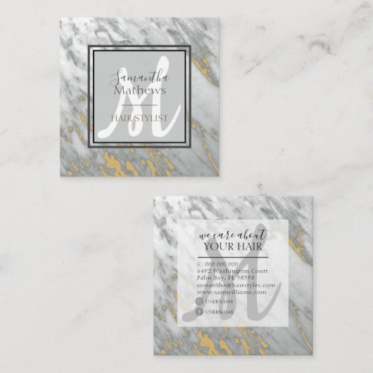 エレガント大理石グレー金ゴールドモノグラム美容師 スクエア名刺 (正面/裏面)