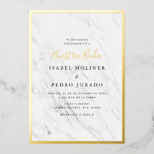 エレガント大理石ヌエストラスペインのボダ結婚ズ 箔招待状 (正面)