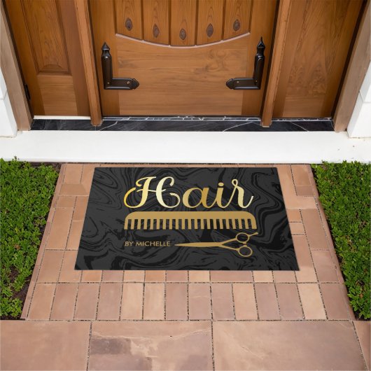 エレガント大理石ブラック金ゴールドヘアスタイリストサロン名 ドアマット (室外)