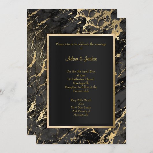 エレガント大理石ブラック金ゴールドメタリック結婚ズ 招待状 (正面/裏面)