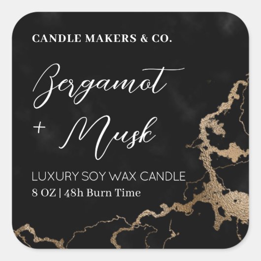 エレガント大理石ブラック&金ゴールドスクリプトキャンドル スクエアシール (正面)