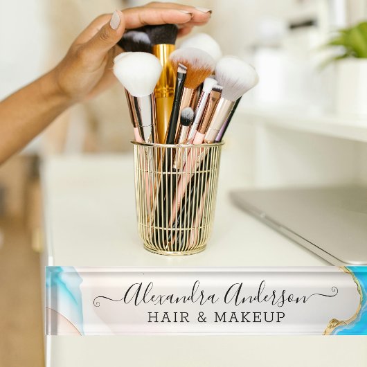 エレガント大理石ブルーとホワイトアゲート金ゴールドグリッター デスクネームプレート