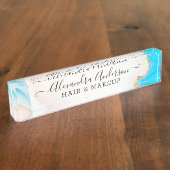 エレガント大理石ブルーとホワイトアゲート金ゴールドグリッター デスクネームプレート (側面)