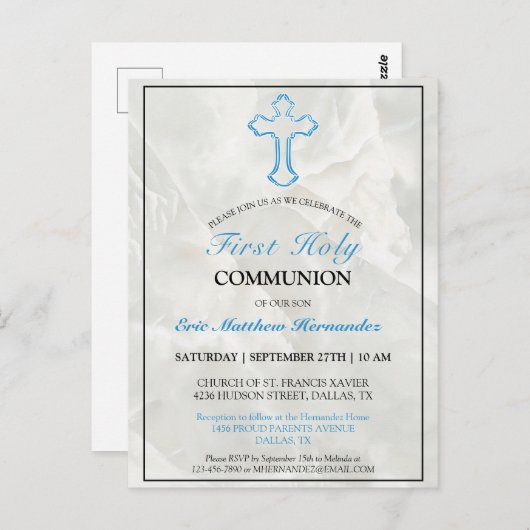 エレガント大理石ボーイズ1st聖餐式招待状 ポストカード (正面/裏面)
