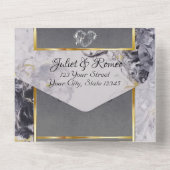 エレガント大理石、グレー、金ゴールドフレ葉ーム オールインワン招待状 (裏面)