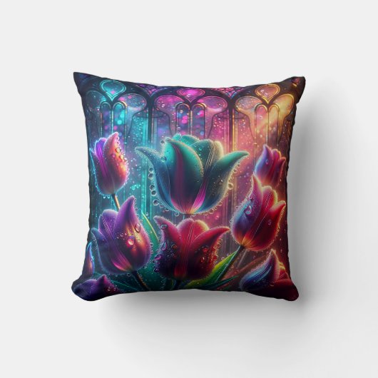 「エレガント大聖堂の窓の雨に濡れたチューリップ」 クッション (正面)