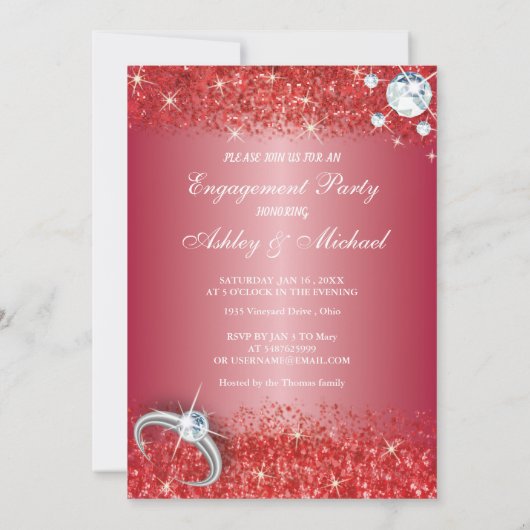 エレガント婚約パーティシック赤グリッター 招待状 (裏面)