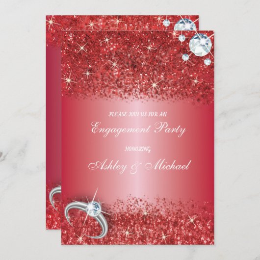 エレガント婚約パーティシック赤グリッター 招待状 (正面/裏面)