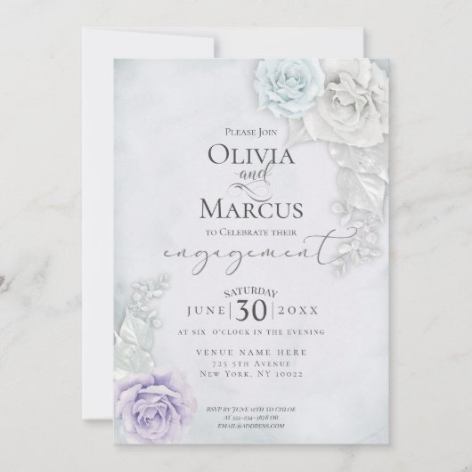 エレガント婚約ブルー薄紫とアイボリーバラ 招待状 (正面)