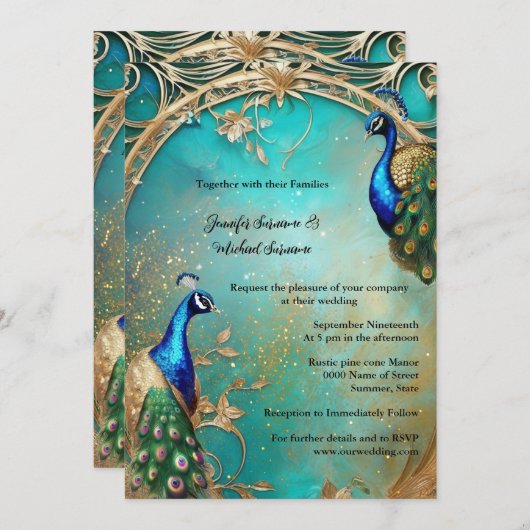 エレガント孔雀と羽のヴィンテージシックエレガント 招待状 (正面/裏面)