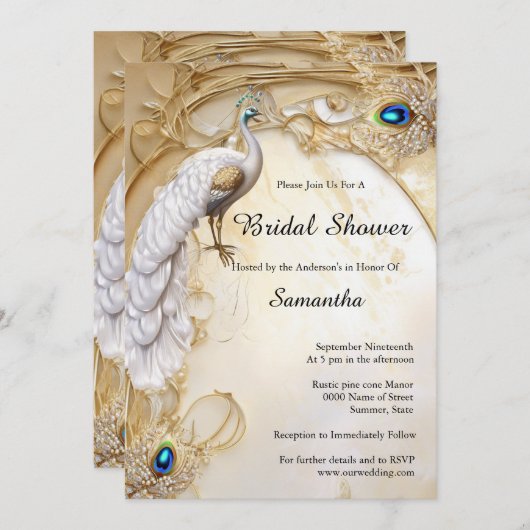 エレガント孔雀と羽のヴィンテージシックエレガント 招待状 (正面/裏面)