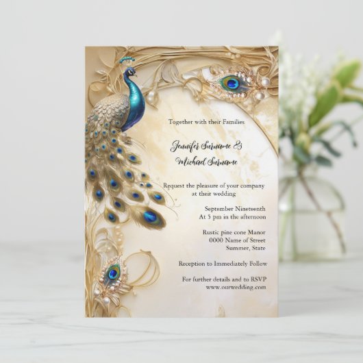 エレガント孔雀と羽のヴィンテージシックエレガント 招待状 (スタンド正面)