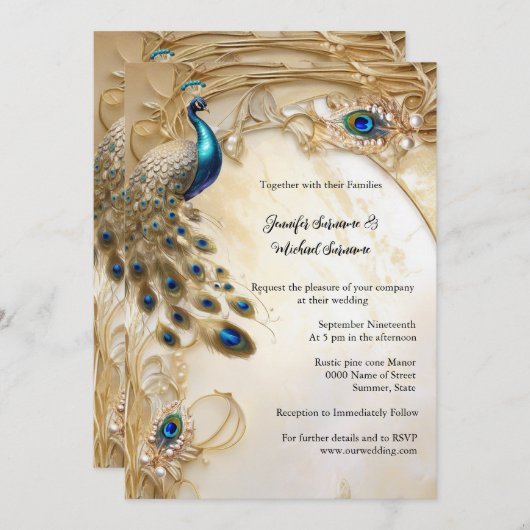 エレガント孔雀と羽のヴィンテージシックエレガント 招待状 (正面/裏面)