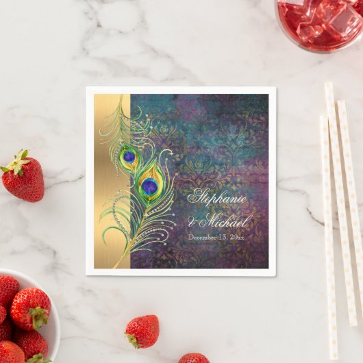 エレガント孔雀の羽の宝石の結婚渦巻き スタンダードカクテルナプキン (インサイチュ)