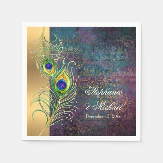 エレガント孔雀の羽の宝石の結婚渦巻き スタンダードカクテルナプキン (正面)