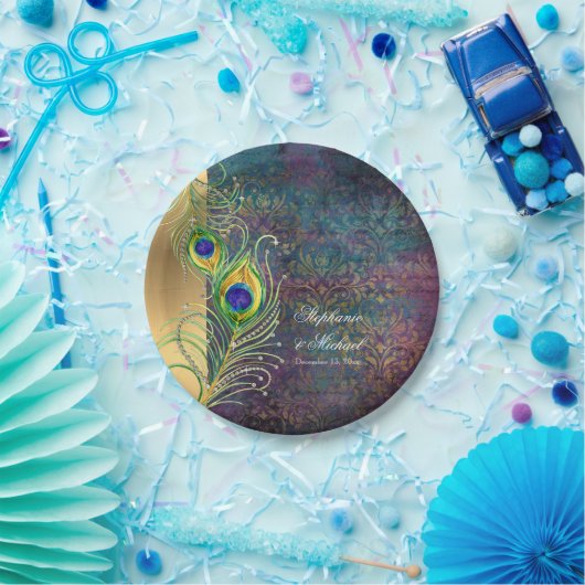 エレガント孔雀の羽ジュエルスクロール結婚ワーク ペーパープレート (パーティー)